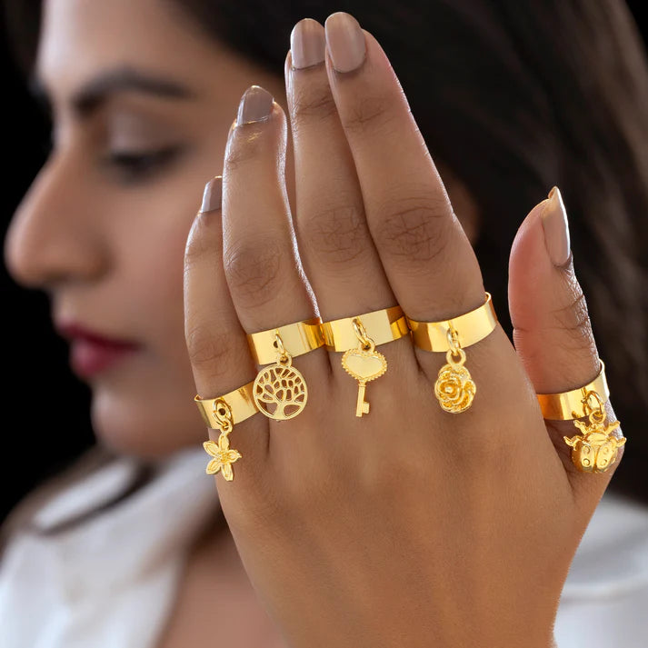 Anti-Tarnish 5 Gold Plated Charms Rings Set (Adjustable Size) ⭐️⭐️⭐️⭐️⭐️ 100% Satisfied Customers