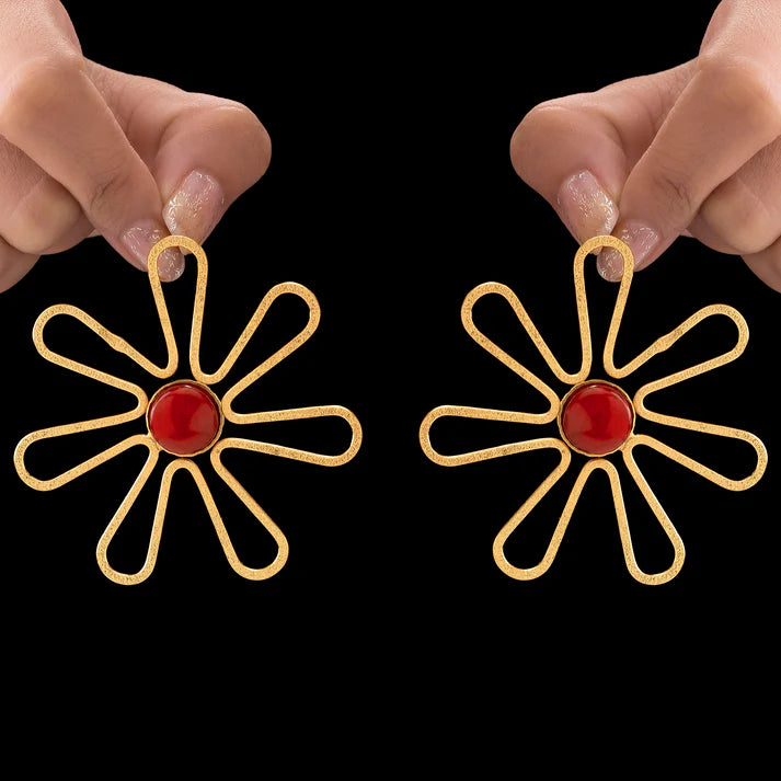 Anti-Tarnish Flower Statement Earrings with Red Cabochon ⭐️⭐️⭐️⭐️⭐️ 100% Satisfied Customers