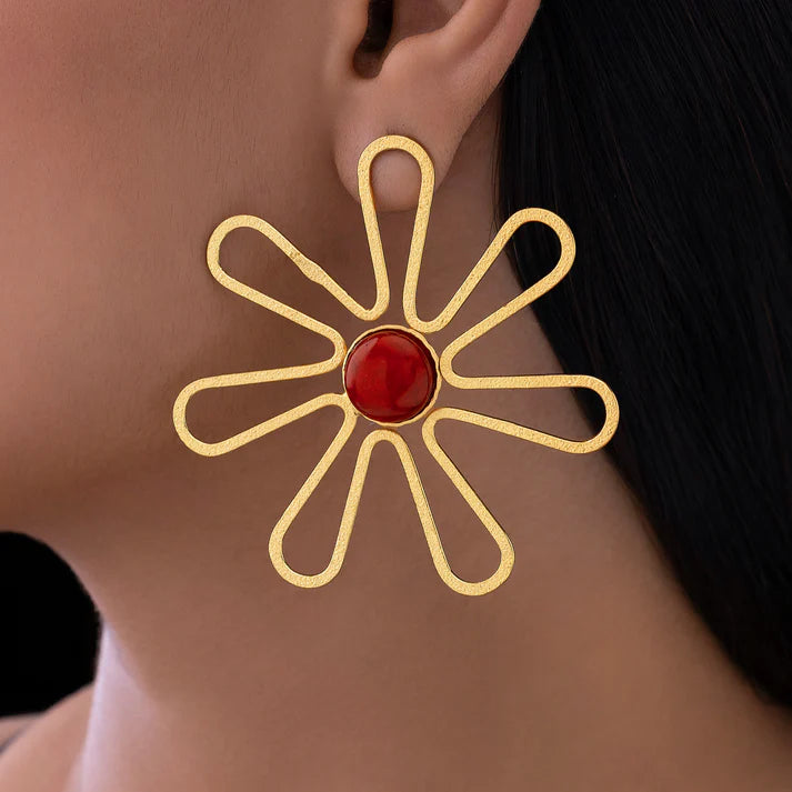 Anti-Tarnish Flower Statement Earrings with Red Cabochon ⭐️⭐️⭐️⭐️⭐️ 100% Satisfied Customers