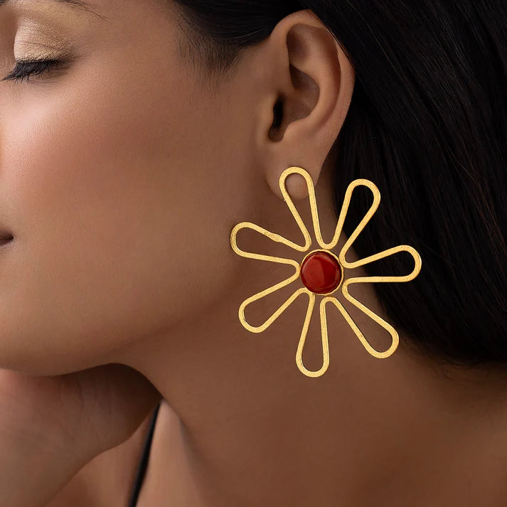 Anti-Tarnish Flower Statement Earrings with Red Cabochon ⭐️⭐️⭐️⭐️⭐️ 100% Satisfied Customers