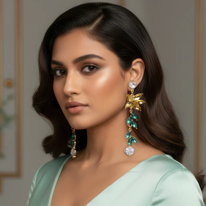 Anti-Tarnish Flower and Leaf Long Dangle Crystal Earrings ⭐️⭐️⭐️⭐️⭐️ 100% Satisfied Customers