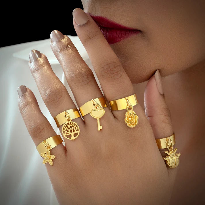 Anti-Tarnish 5 Gold Plated Charms Rings Set (Adjustable Size) ⭐️⭐️⭐️⭐️⭐️ 100% Satisfied Customers