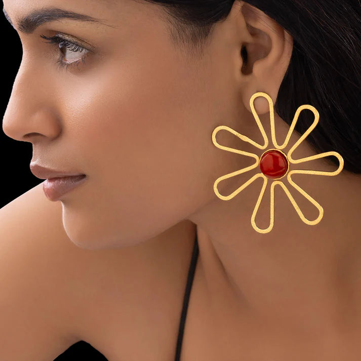 Anti-Tarnish Flower Statement Earrings with Red Cabochon ⭐️⭐️⭐️⭐️⭐️ 100% Satisfied Customers
