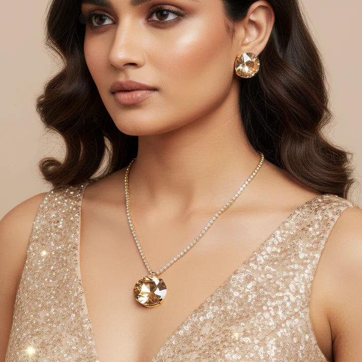 SMOKY SHINE Anti-Tarnish Round Crystal Pendant Necklace Set with Earrings ⭐️⭐️⭐️⭐️⭐️ 100% Satisfied Customers
