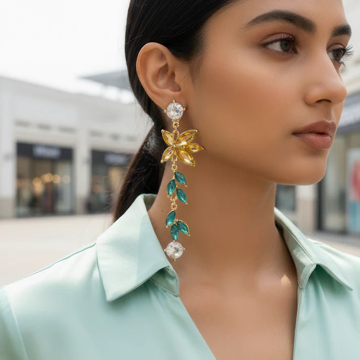 Anti-Tarnish Flower and Leaf Long Dangle Crystal Earrings ⭐️⭐️⭐️⭐️⭐️ 100% Satisfied Customers