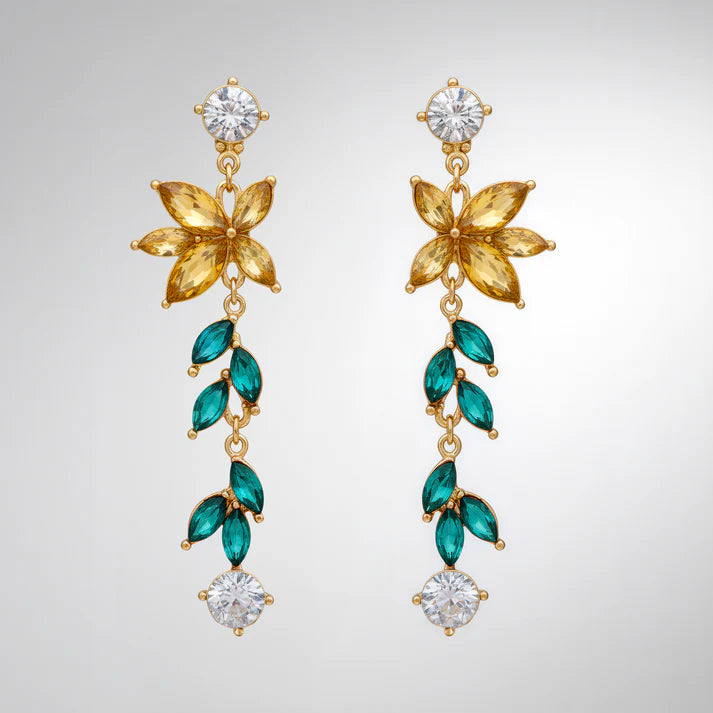 Anti-Tarnish Flower and Leaf Long Dangle Crystal Earrings ⭐️⭐️⭐️⭐️⭐️ 100% Satisfied Customers