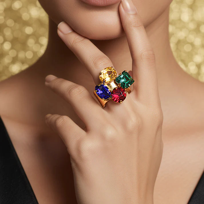 Anti-Tarnish Gold Plated Multicoloured Crystals Ring (Adjustable Size) ⭐️⭐️⭐️⭐️⭐️ 100% Satisfied Customers