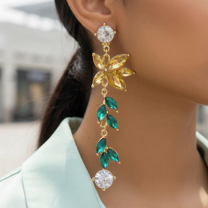 Anti-Tarnish Flower and Leaf Long Dangle Crystal Earrings ⭐️⭐️⭐️⭐️⭐️ 100% Satisfied Customers