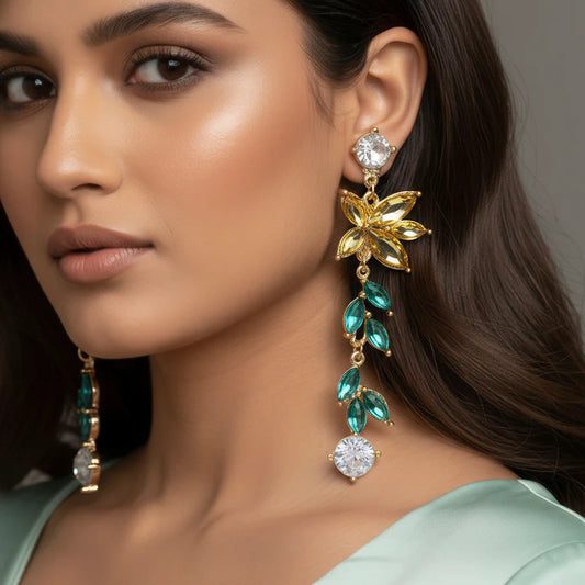 Anti-Tarnish Flower and Leaf Long Dangle Crystal Earrings ⭐️⭐️⭐️⭐️⭐️ 100% Satisfied Customers
