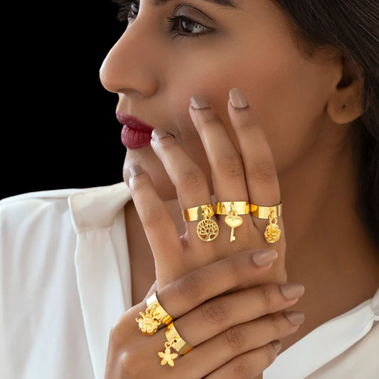 Anti-Tarnish 5 Gold Plated Charms Rings Set (Adjustable Size) ⭐️⭐️⭐️⭐️⭐️ 100% Satisfied Customers