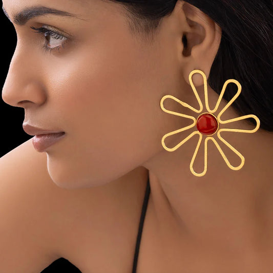 Anti-Tarnish Flower Statement Earrings with Red Cabochon ⭐️⭐️⭐️⭐️⭐️ 100% Satisfied Customers